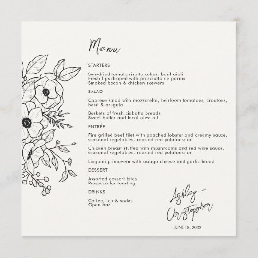 Minimale Floral Botanische Melk Wit Bruiloft Menu (Voorkant)