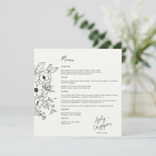 Minimale Floral Botanische Melk Wit Bruiloft Menu (Staand voorkant)