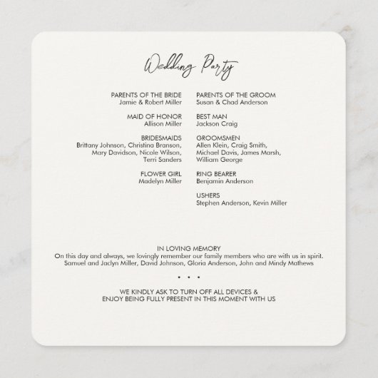 Minimale Floral Botanische Melk Wit Bruiloft Programma (Achterkant)