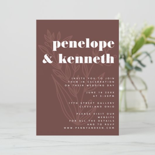 Minimale Floral Line Art Warm Rustic Wedding Kaart (Staand voorkant)