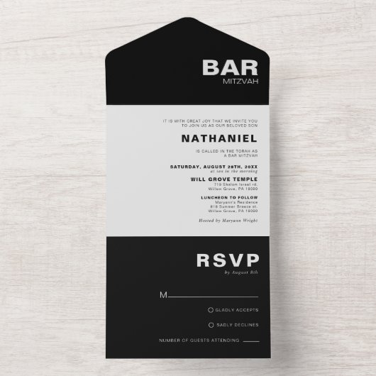 Minimale formale zwarte legant Mitzvah All In One Uitnodiging (Binnen)