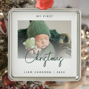 Minimale foto baby's eerste kerst groen schrift metalen ornament