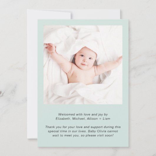 Minimale foto Dank u Mint Birth Aankondiging (Achterkant)