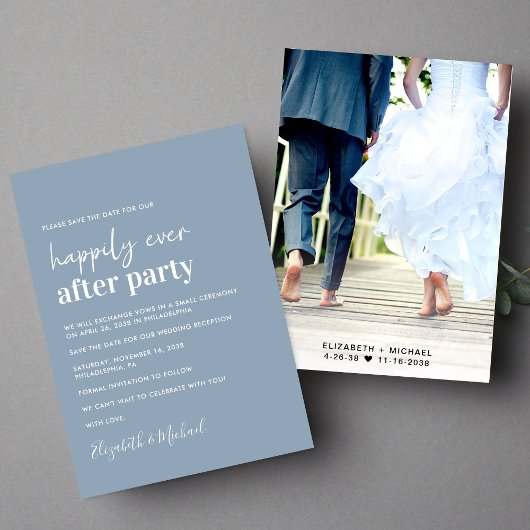 Minimale foto Dusty Blue bruiloft receptie Save The Date