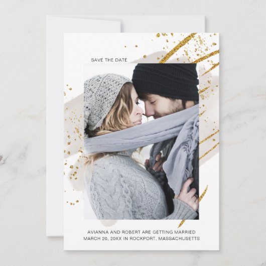 Minimale foto Gold Sparkle Blush Waterverf Save The Date (Voorkant)