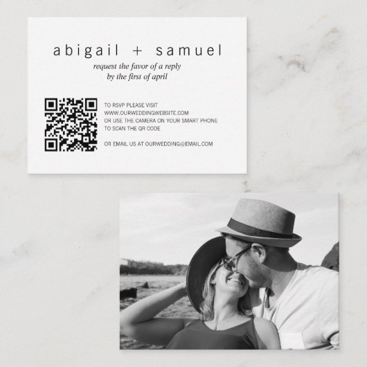 Minimale foto QR Code Weddenschap Mini RSVP Card Notitiekaartje (Voorkant / Achterkant)