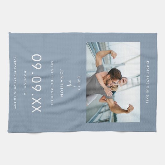 Minimale foto-tekstopslag Blauw opslaan Datum Theedoek (Horizontaal)