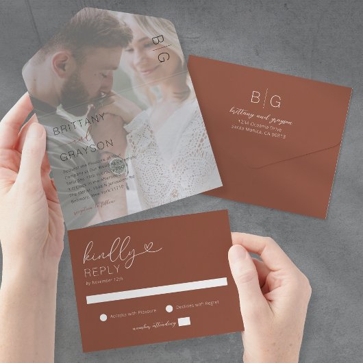 Minimale foto Terracotta Wedding All In One Uitnodiging