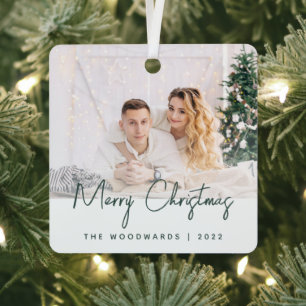 Minimale foto vrolijk kerstfeest groen schrift metalen ornament