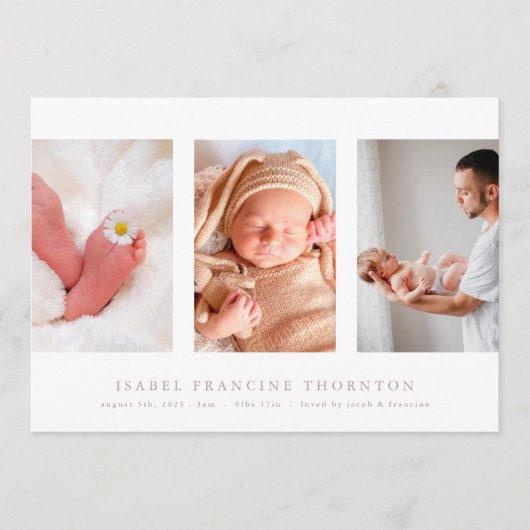 Minimale fotocollage roze geboorte aankondiging (Voorkant)
