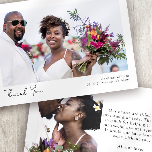 Minimale fotokalligrafie bruiloft bedankkaart