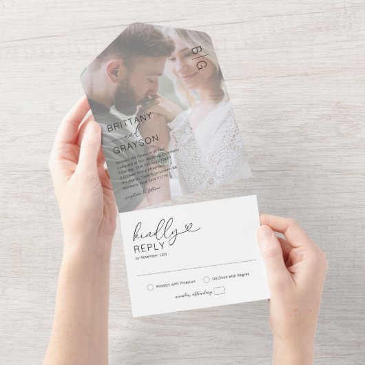 Minimale foto's zwart-wit bruiloft all in one uitnodiging (Afscheurbaar)