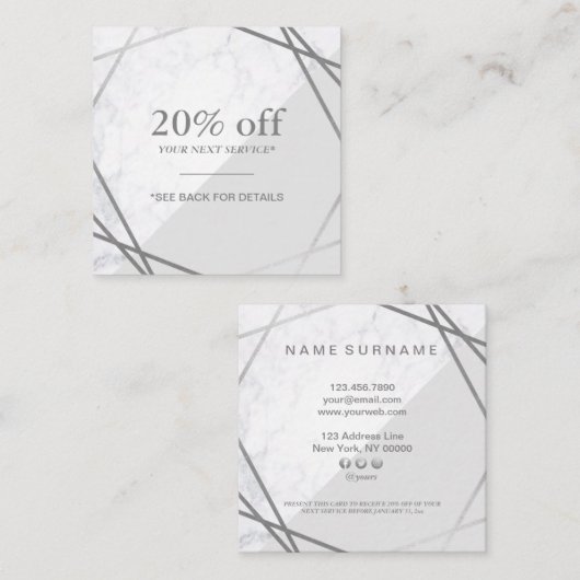 Minimale geometrische marmer grijze zilverkorting vierkante visitekaartje (Voorkant / Achterkant)