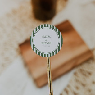 Minimale gestreepte groene bruid bruidegom namen b ronde sticker