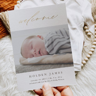 Minimale Gold Calligraphy Scripted Welcome Birth Aankondiging