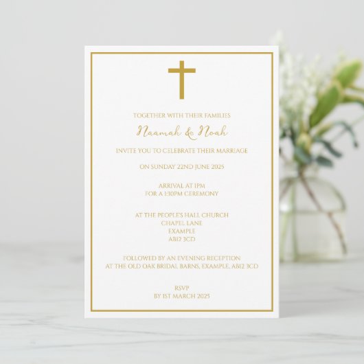 Minimale Gold Cross bruiloft uitnodiging (Staand voorkant)