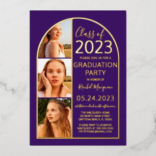 Minimale Gold Foil Paars Arch Photo Afstuderen Folie Uitnodiging
