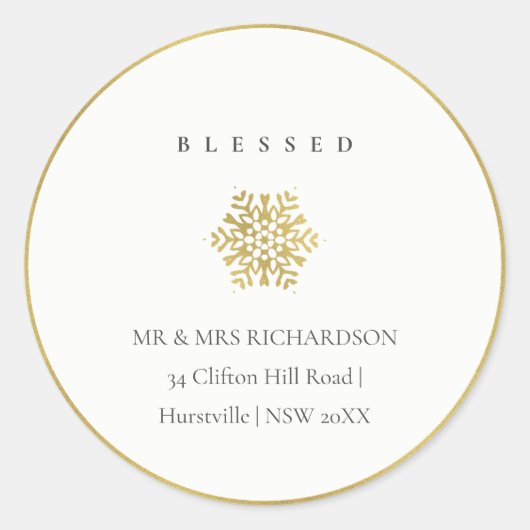 Minimale Gold Snowflake Blessed kerstadres Ronde Sticker (Voorkant)