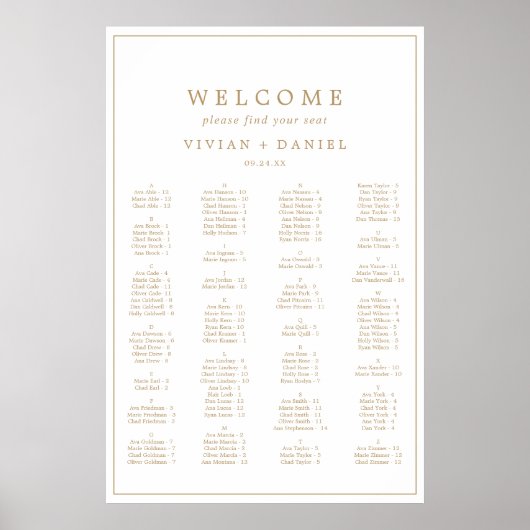 Minimale Gold Typography Alfabetical Seating Chart Poster (Voorkant)