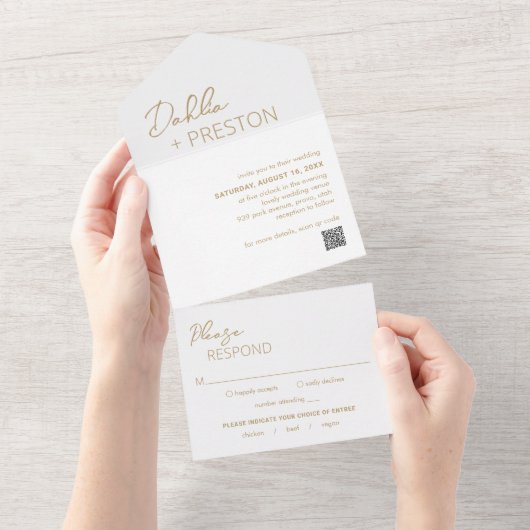Minimale Gouden QR Code Moderne bruiloft All In One Uitnodiging (Afscheurbaar)