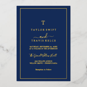 Minimale goudolie   Navy Blue Monogram Weddenschap Folie Uitnodiging