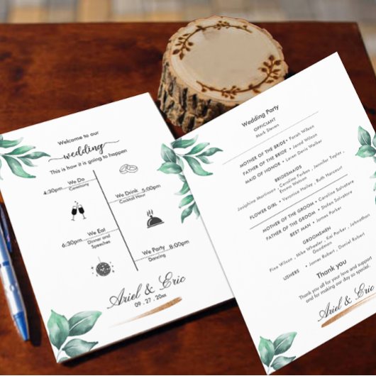 Minimale Greenery Classic Elegant Wedding Programm