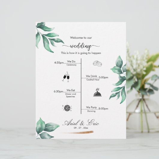 Minimale Greenery Classic Elegant Wedding Programm (Staand voorkant)