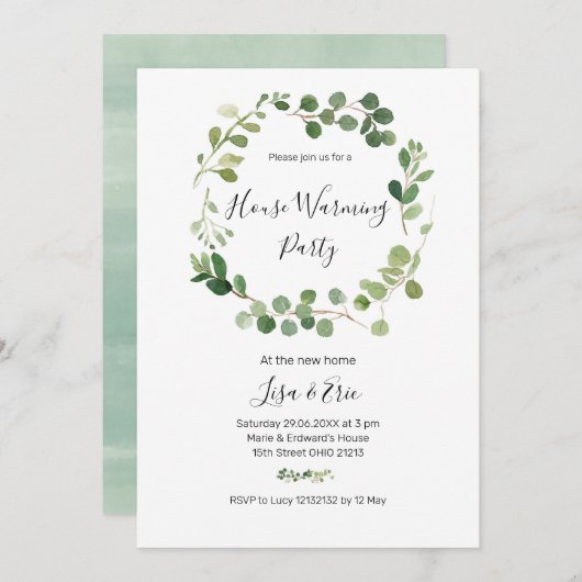 Minimale Greenery Housewarming Party Invite Kaart (Voorkant / Achterkant)