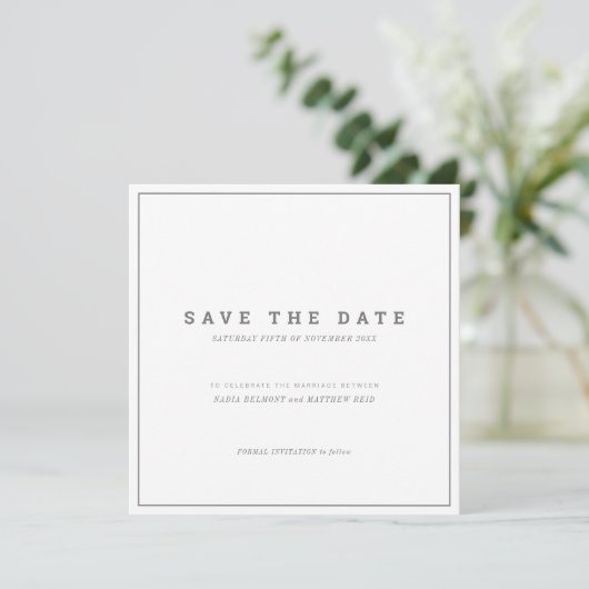 Minimale grijze, witte bruiloft save the date (Staand voorkant)