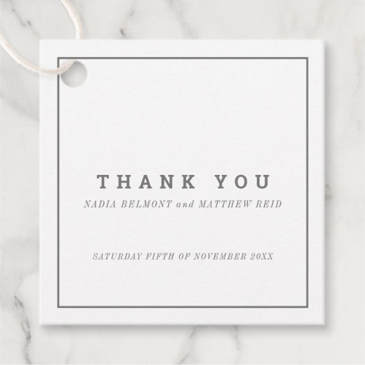 Minimale grijze witte vierkante bruiloft dank u bedankjes labels (Voorkant)