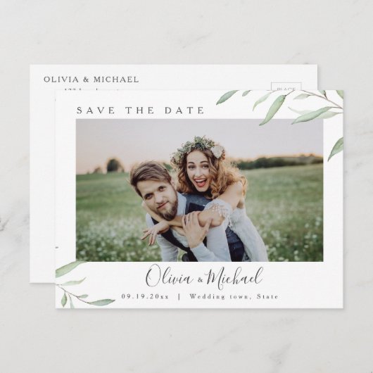 Minimale groen foto bruiloft bespaar de datum briefkaart (Voorkant / Achterkant)
