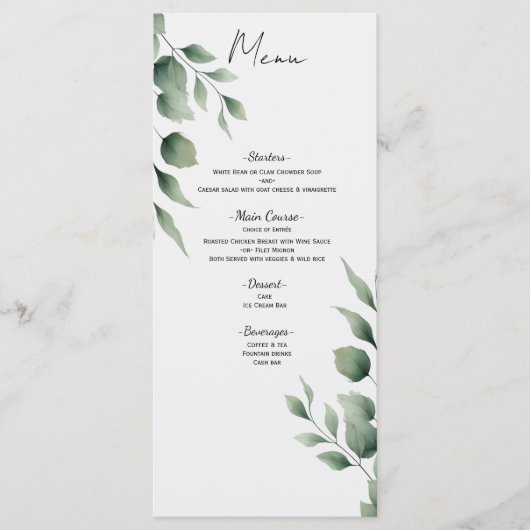 Minimale groene bladeren moderne witte trouwmenu menu (Voorkant)