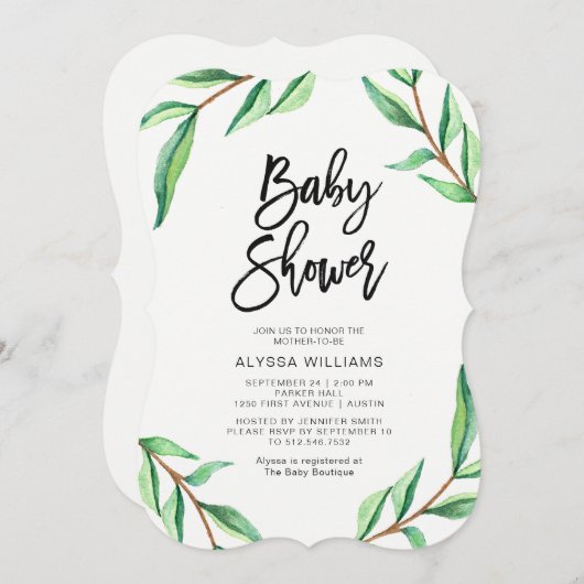 Minimale groene bladeren op wit Baby shower Kaart (Voorkant / Achterkant)