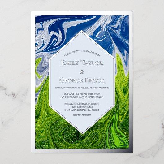 Minimale groene blauwe hemel Abstracte bruiloft Folie Uitnodiging (Voorkant)