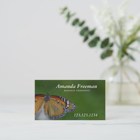 Minimale groene en witte vlindermassagetherapie visitekaartje (Staand voorkant)