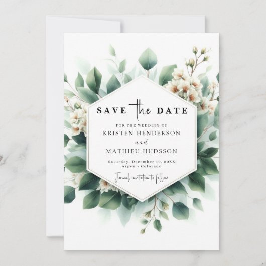 Minimale groene Eucalyptus digitale bruiloft Save The Date (Voorkant)