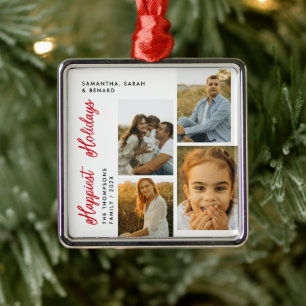 Minimale Happiest Holidays Script Familie 4 Foto's Metalen Ornament