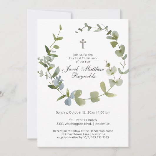 Minimale Heilige Communie Eucalyptus Greenery Kaart (Voorkant)