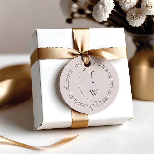 Minimale hemelmaan & sterren bruiloft monogram bedankjes labels