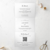 Minimale huwelijksfoto met RSVP QR-code en details Drieluik Uitnodiging (Binnen)