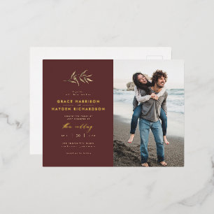 Minimale huwelijksfoto van Merlot Red & Sepia Bran Folie Uitnodiging Briefkaart