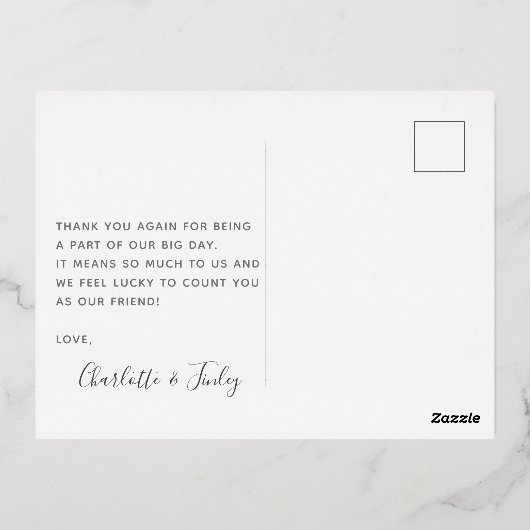 Minimale kalligrafie Aangepast huwelijk Dank u Folie Feestdagen Briefkaart (Achterkant)