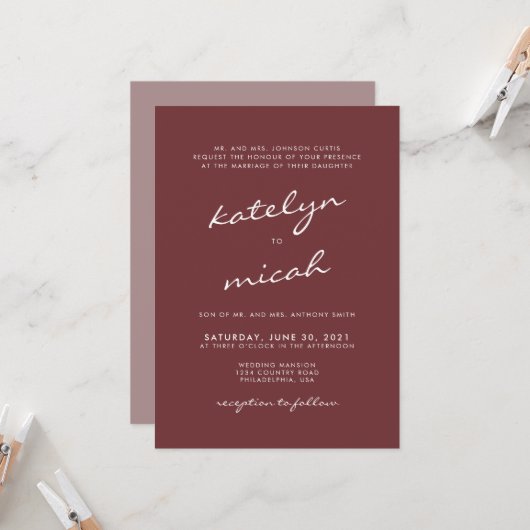 Minimale kalligrafie Cinnamon Roos Wedding Kaart (Voorkant / Achterkant in situ)