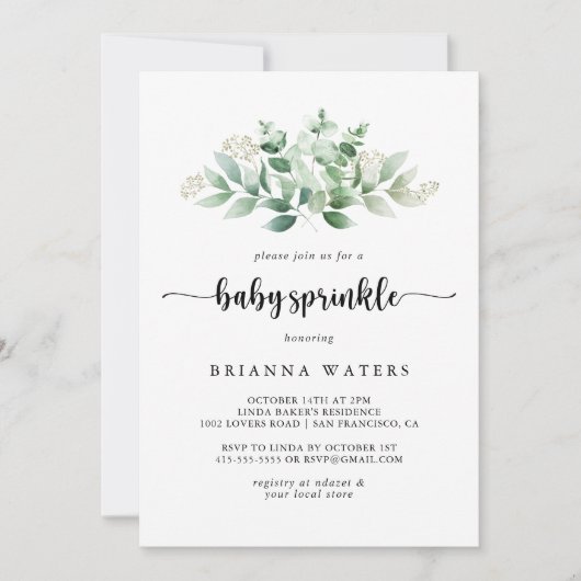 Minimale kalligrafie Eucalyptus Baby Sprinkle Kaart (Voorkant)