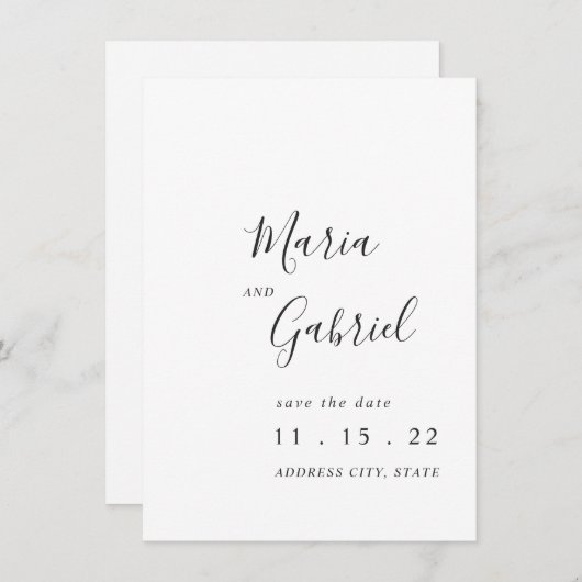 Minimale kalligrafie zwarte witte bruiloft save the date (Voorkant / Achterkant)