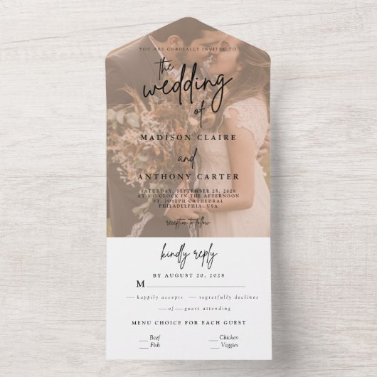 Minimale kalligrafieffoto Alle in één bruiloft All In One Uitnodiging (Binnen)