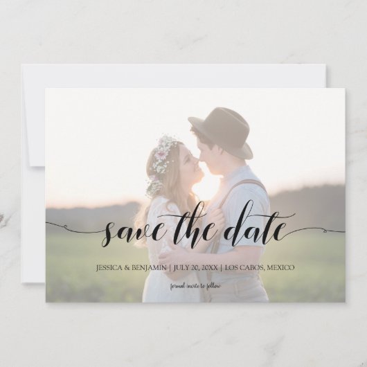 Minimale kalligrafiescript Weddenschap Faded Foto Save The Date (Voorkant)