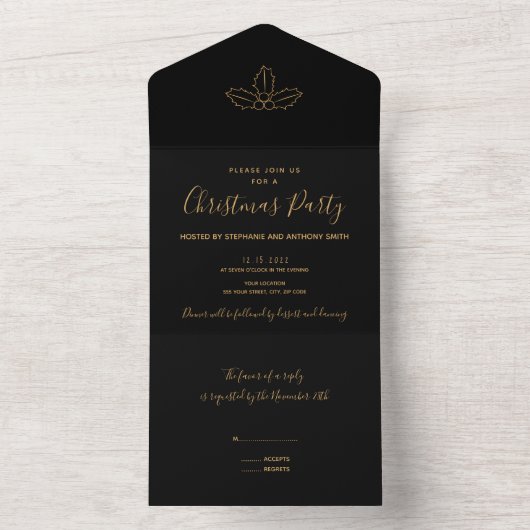 Minimale kerst met zwarte en goudmasten all in one uitnodiging (Binnen)