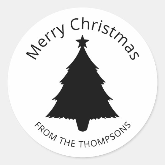 Minimale kerstboom met zwart en wit en ster ronde sticker (Voorkant)