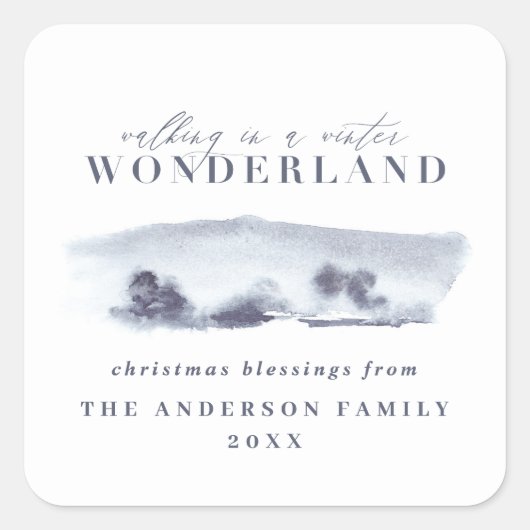 Minimale kerstfeestdag met blauwe waterverf vierkante sticker (Voorkant)